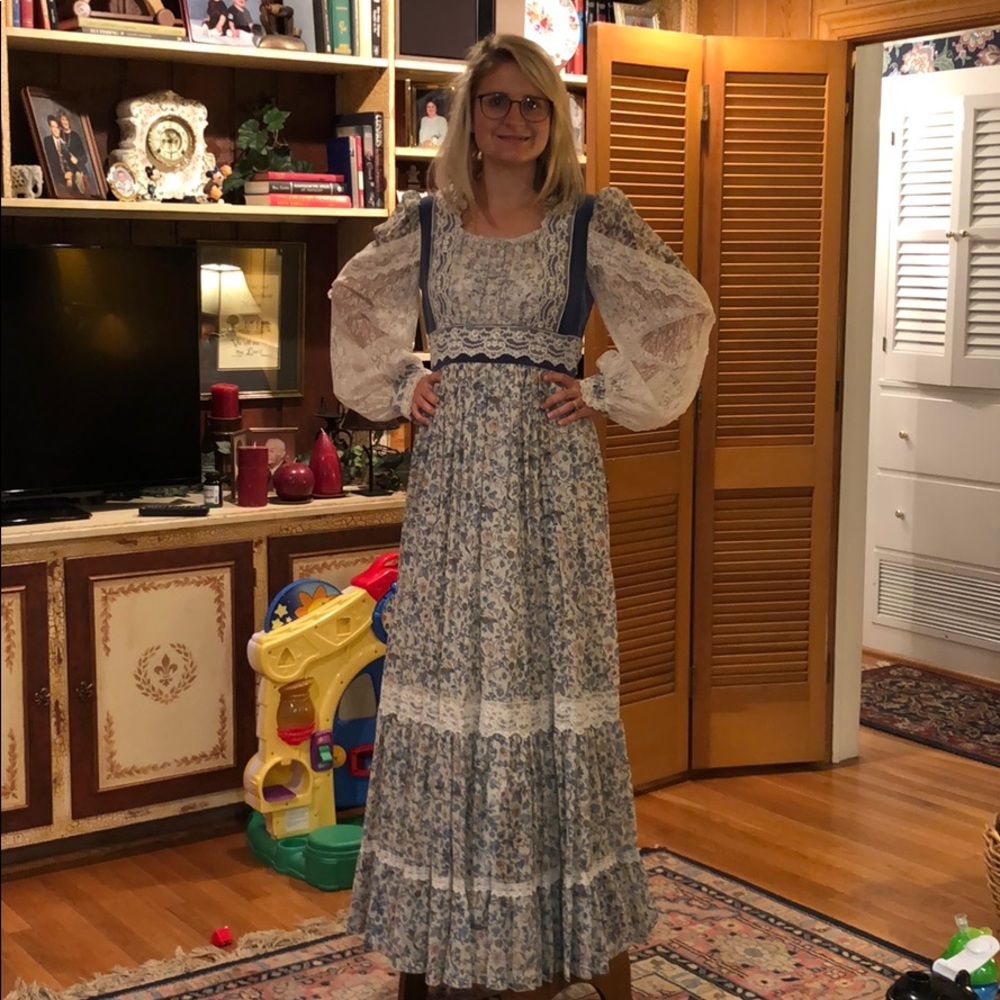 Gunne Sax Blue Lace Dress with Velvet Top